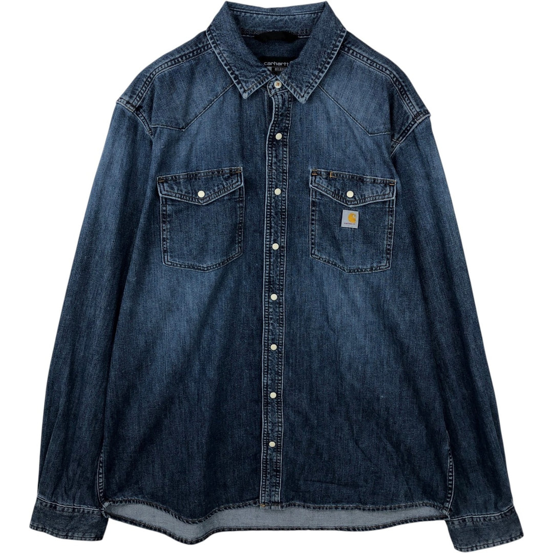 Carhartt Relaxed Fit Long-Sleeve Denim Western Shirt, Men's Size XL (approx.) cotton navy blue type Vintage Second Hand