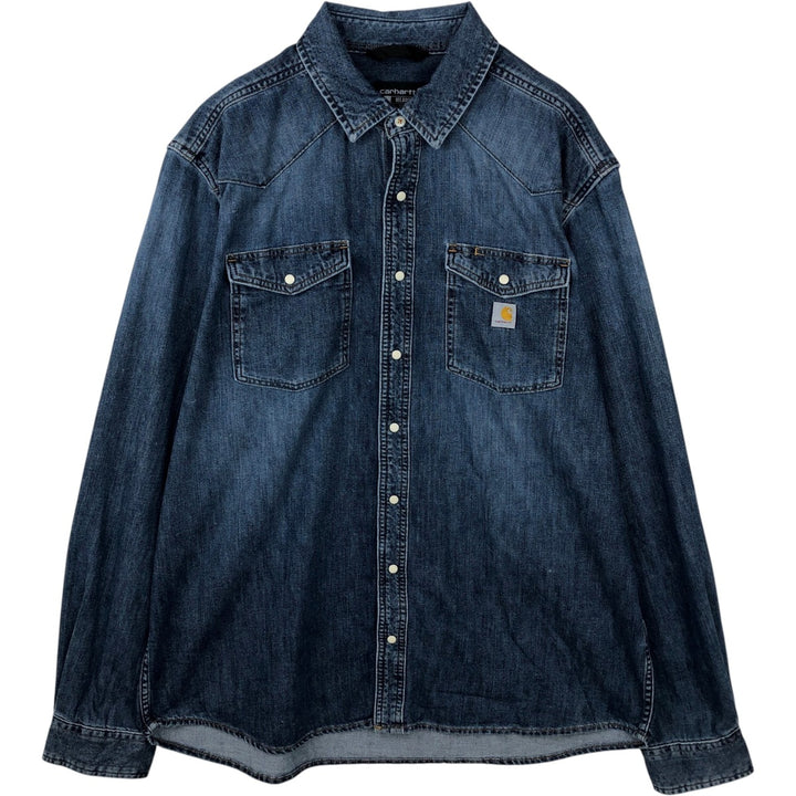 Carhartt Relaxed Fit Long-Sleeve Denim Western Shirt, Men's Size XL (approx.) cotton navy blue type Vintage Second Hand