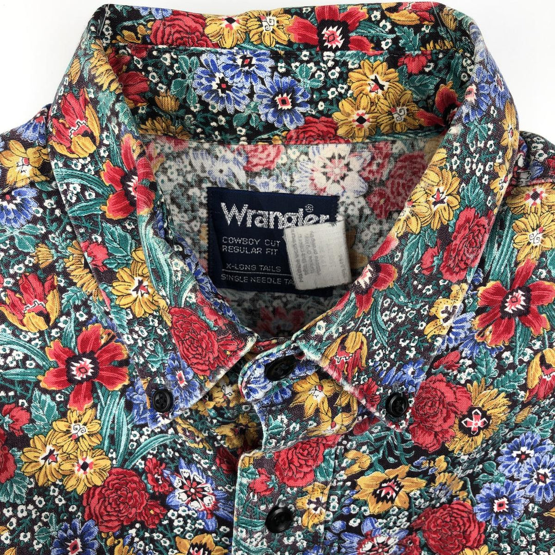 80s-90'S Wrangler COWBOY CUT REGULAR FIT all-over floral print long-sleeved cotton shirt, men's size XL. cotton green type Vintage Second Hand