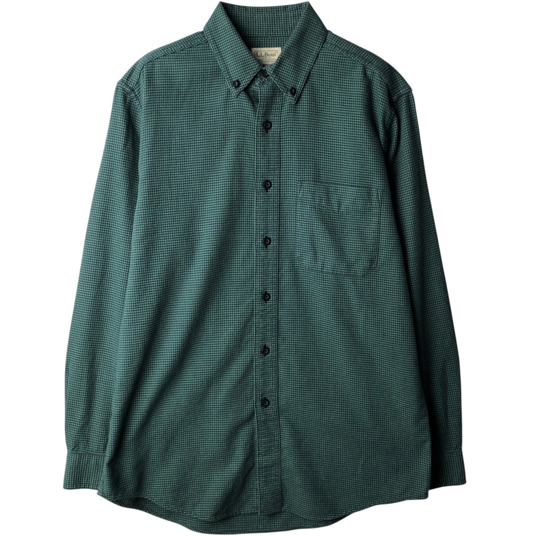 90s-00'S L.L.Bean Traditional Fit Houndstooth Pattern Long-Sleeve Button-Down Flannel Check Shirt, Men's Size S (approx.) cotton green type Vintage Second Hand