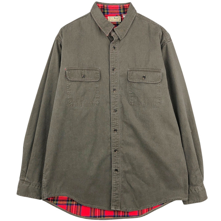 70s-80'S LL Bean Long-Sleeve Cotton Shirt, Made in USA, Men's Size L (Equivalent), Vintage cotton Khaki type brown Vintage Second Hand