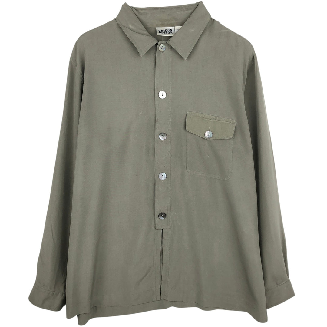 90'S Chico's Design Long-Sleeve Silk Shirt, Men's Size L (approx.), Vintage silk Khaki type Vintage Second Hand