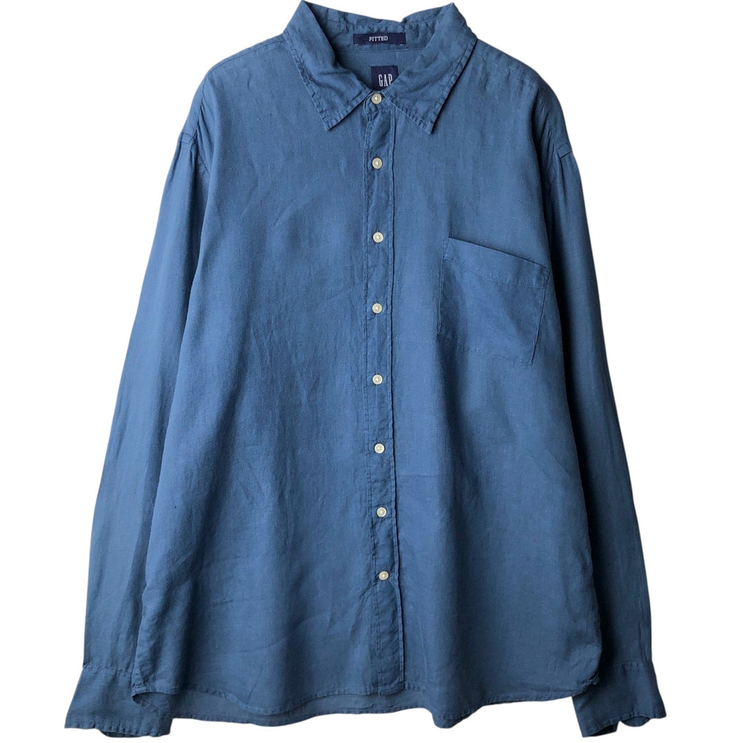 90'S GAP Old Gap Fitted Long-Sleeve Linen Shirt, Men's Size XL (Equivalent), Vintage linen blue type Vintage Second Hand