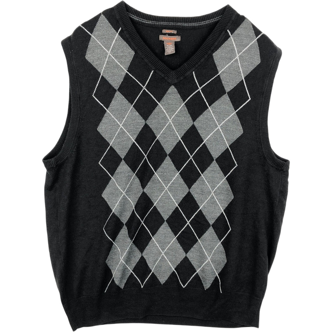 Dockers Slim Fit Argyle Pattern V-Neck Acrylic Knit Vest (Men's XL equivalent) acrylic black type Vintage Second Hand