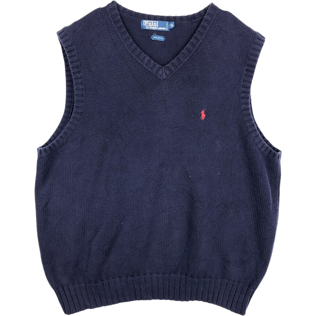 Ralph Lauren POLO by Ralph Lauren V-neck cotton knit vest, men's size XL cotton navy blue type Vintage Second Hand