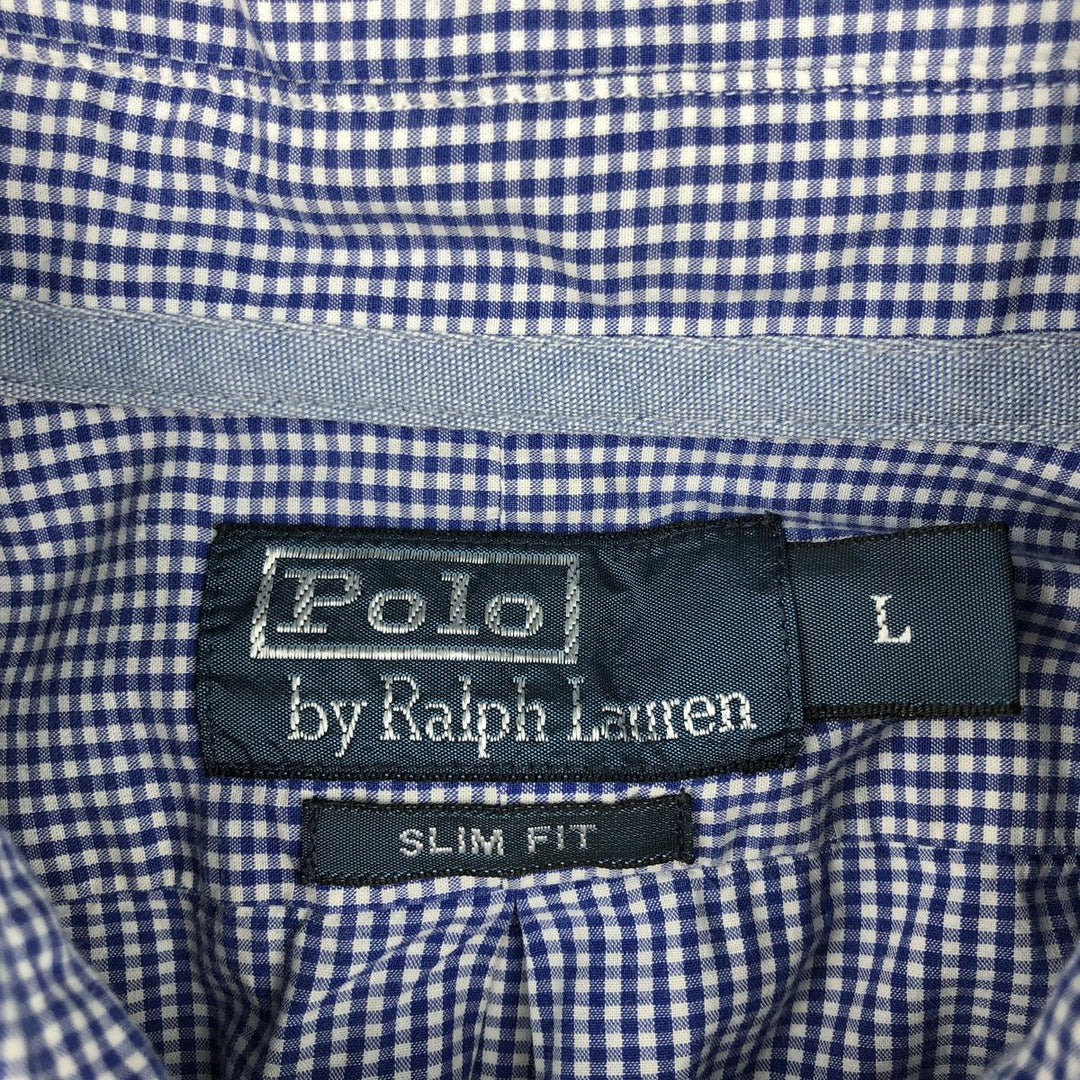 Ralph Lauren Slim Fit Gingham Check Long-Sleeve Button-Down Check Shirt, Men's Size L (approx.) cotton blue type Vintage Second Hand