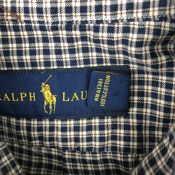 Ralph Lauren long sleeve button down check shirt, men's size M cotton navy blue type Vintage Second Hand
