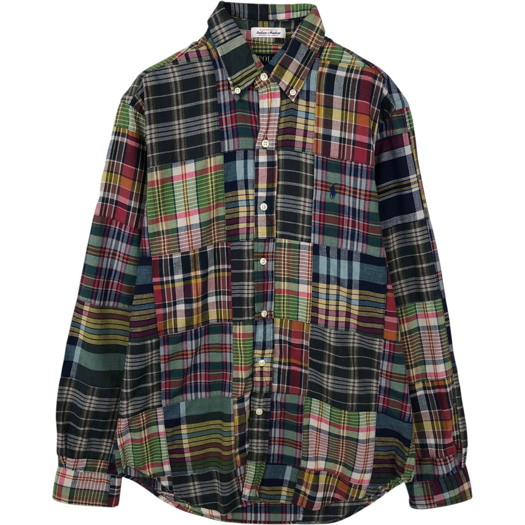 Ralph Lauren CLASSIC FIT INDIGO Patchwork Long-Sleeve Button-Down Check Shirt, Men's Size M (approx.) cotton multicolor Vintage Second Hand