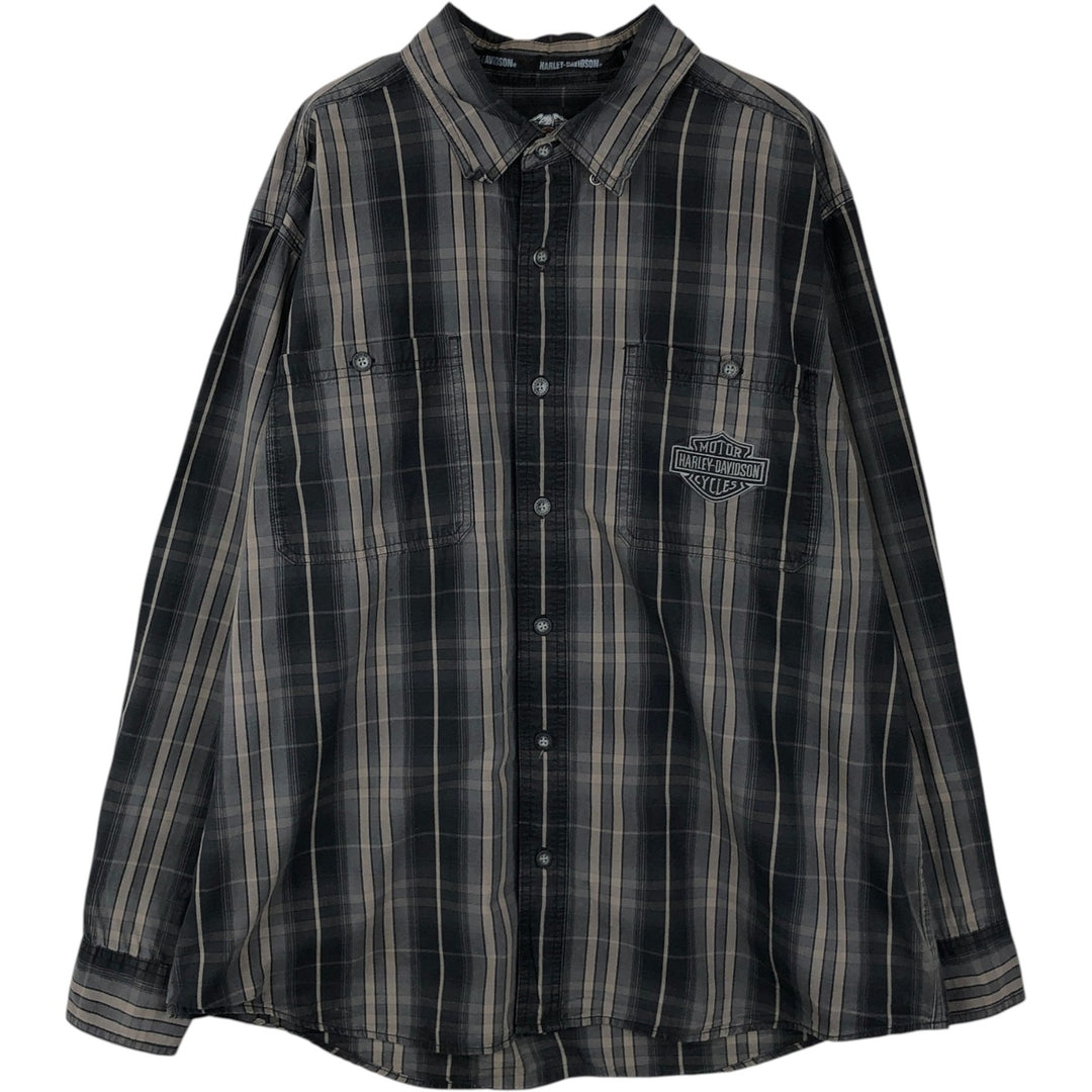 Harley-Davidson Check Pattern Long-Sleeve Hidden Button-Down Work Shirt, Men's Size XL (approx.) cotton gray type Vintage Second Hand