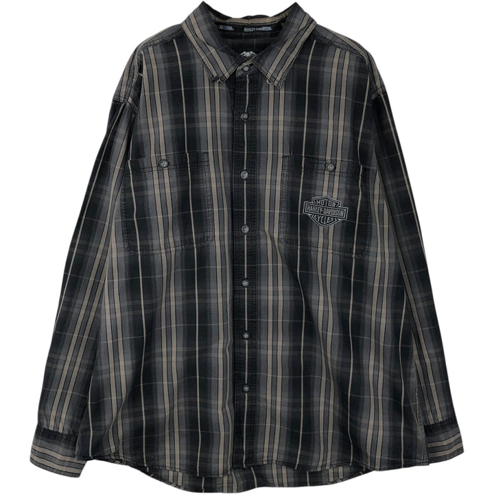 Harley-Davidson Check Pattern Long-Sleeve Hidden Button-Down Work Shirt, Men's Size XL (approx.) cotton gray type Vintage Second Hand