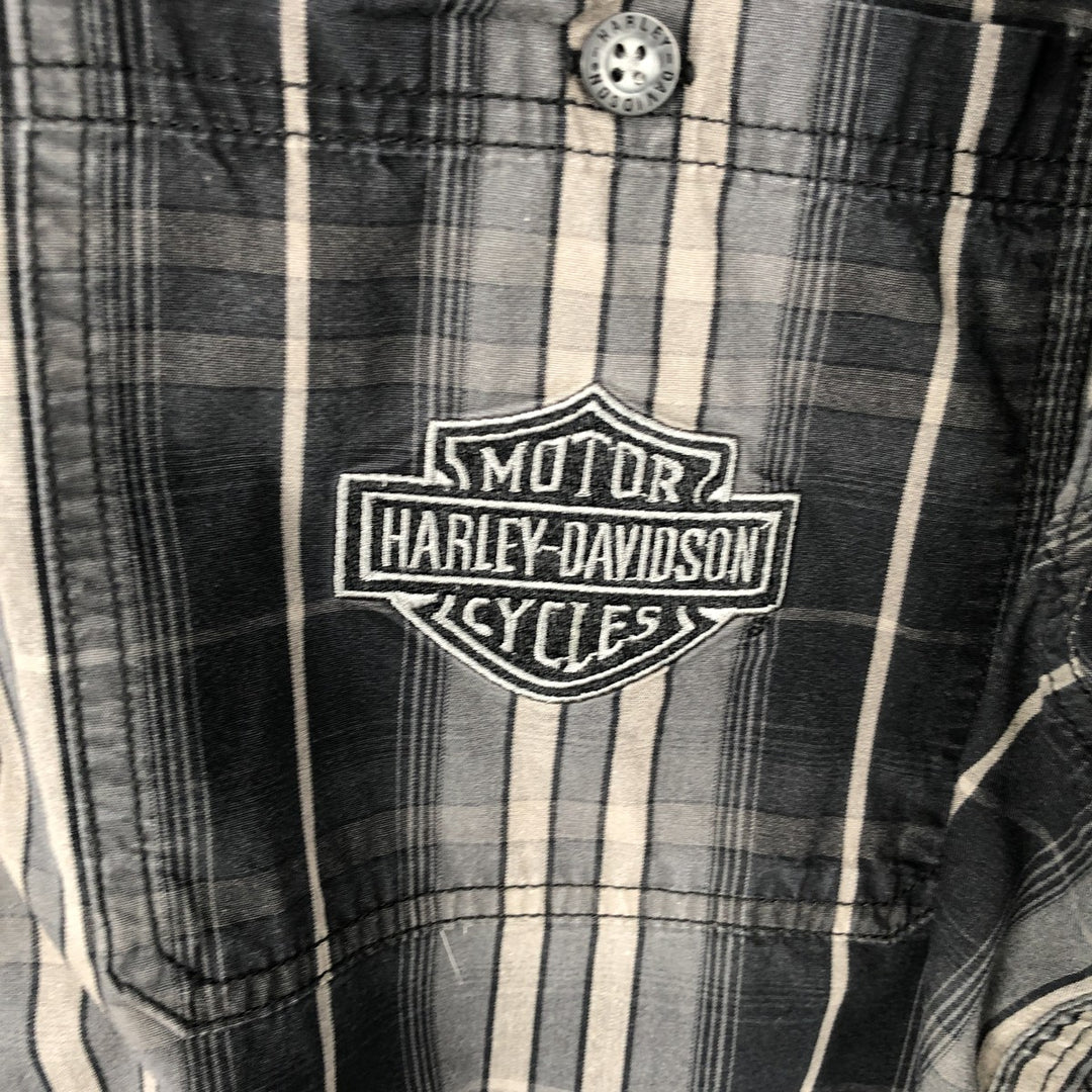 Harley-Davidson Check Pattern Long-Sleeve Hidden Button-Down Work Shirt, Men's Size XL (approx.) cotton gray type Vintage Second Hand