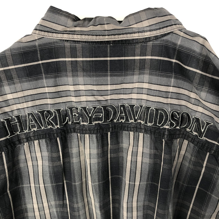 Harley-Davidson Check Pattern Long-Sleeve Hidden Button-Down Work Shirt, Men's Size XL (approx.) cotton gray type Vintage Second Hand