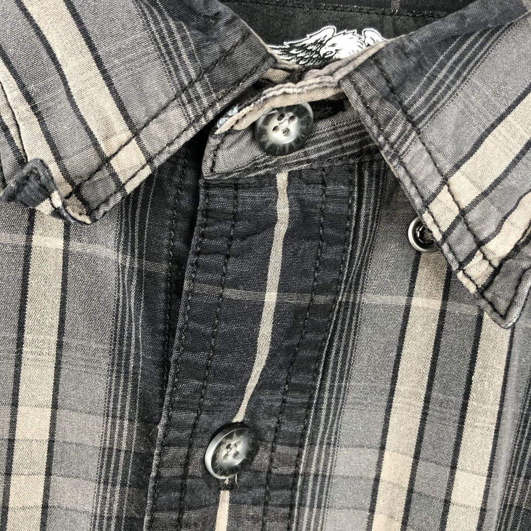 Harley-Davidson Check Pattern Long-Sleeve Hidden Button-Down Work Shirt, Men's Size XL (approx.) cotton gray type Vintage Second Hand