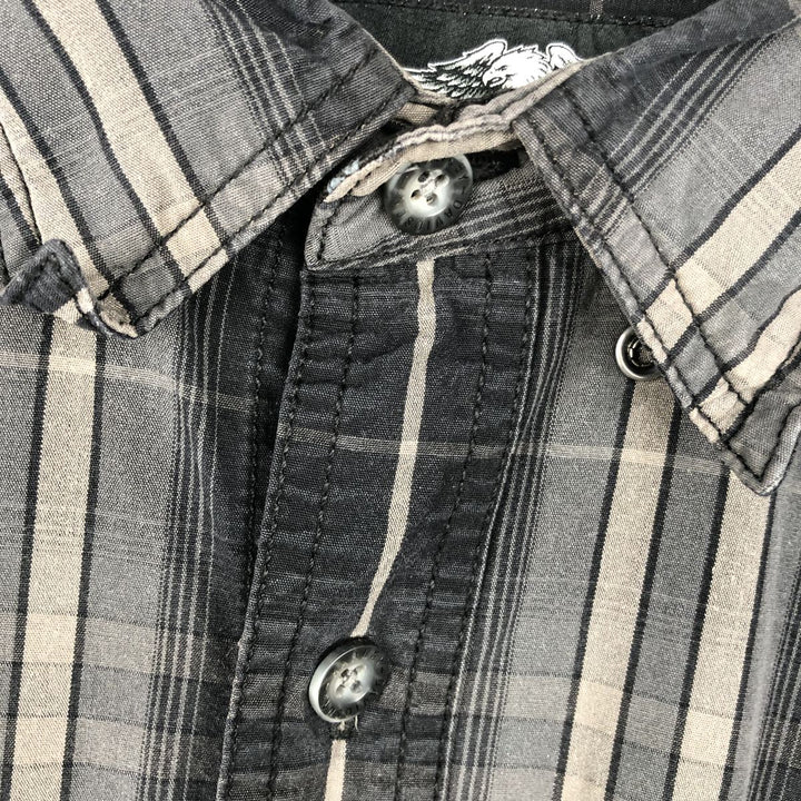 Harley-Davidson Check Pattern Long-Sleeve Hidden Button-Down Work Shirt, Men's Size XL (approx.) cotton gray type Vintage Second Hand
