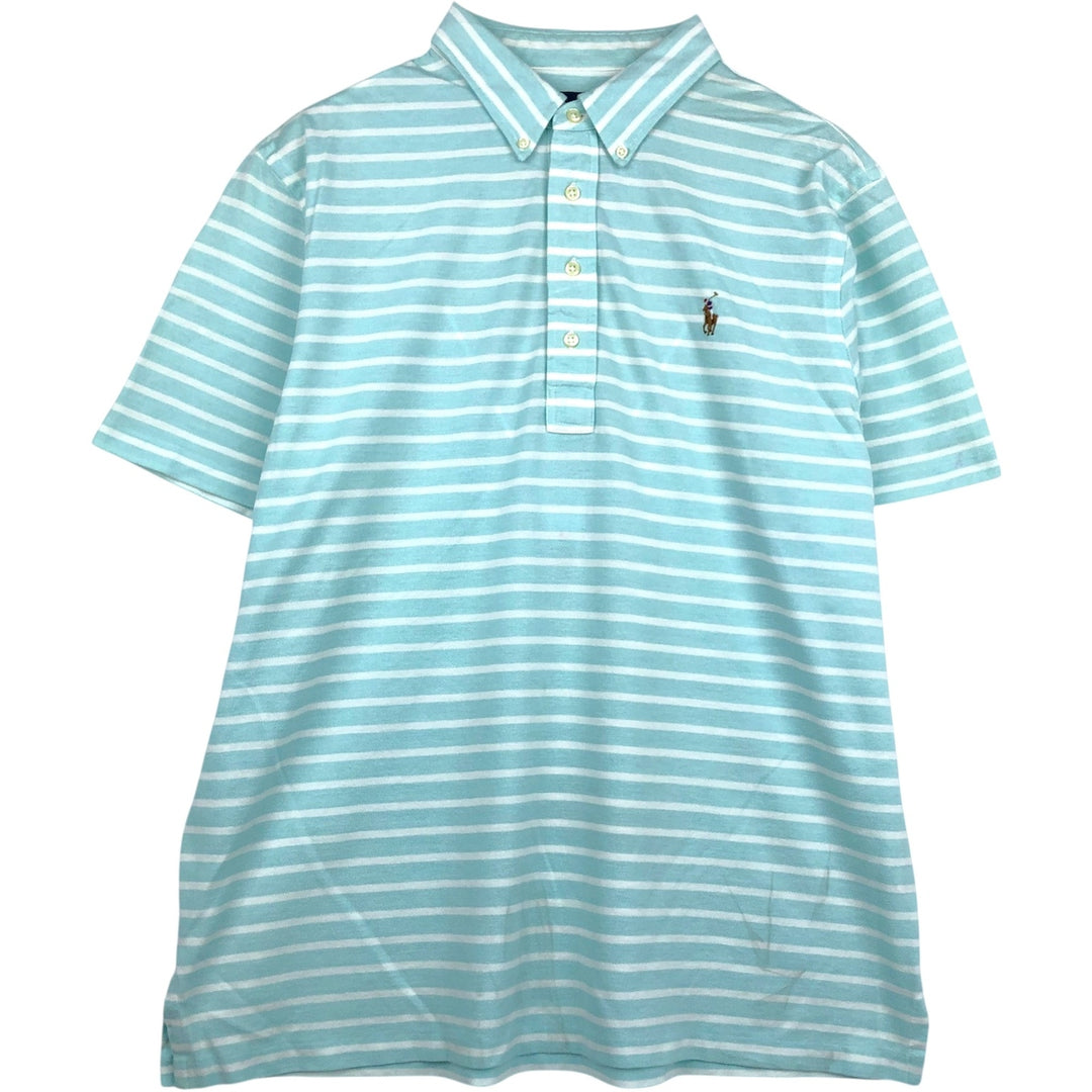 Ralph Lauren Knit Oxford Short-Sleeve Striped Button-Down Polo Shirt, Men's Size XL (approx.) cotton turquoise blue Vintage Second Hand