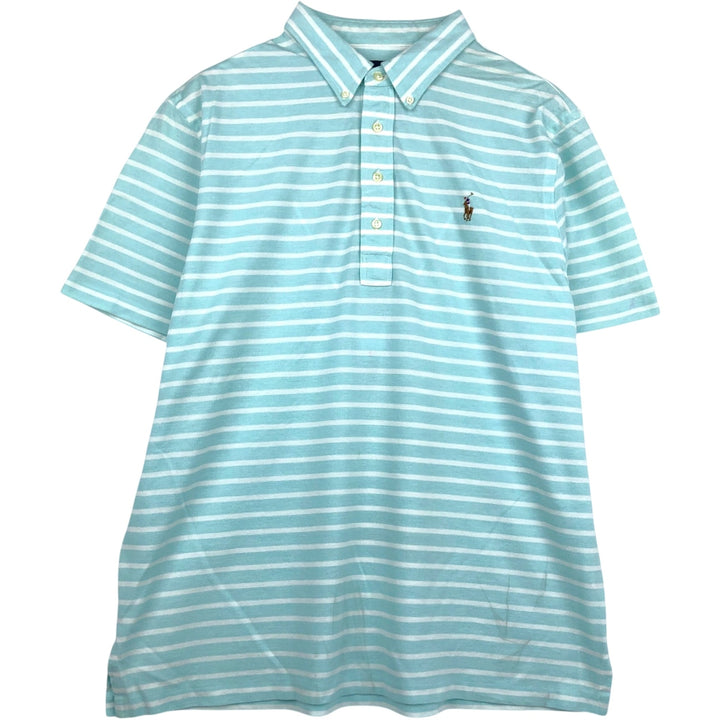 Ralph Lauren Knit Oxford Short-Sleeve Striped Button-Down Polo Shirt, Men's Size XL (approx.) cotton turquoise blue Vintage Second Hand