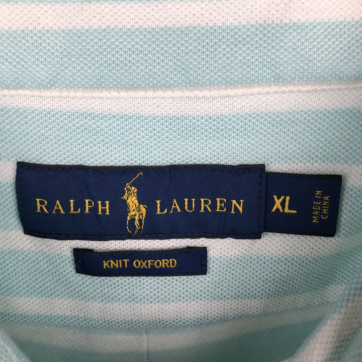 Ralph Lauren Knit Oxford Short-Sleeve Striped Button-Down Polo Shirt, Men's Size XL (approx.) cotton turquoise blue Vintage Second Hand