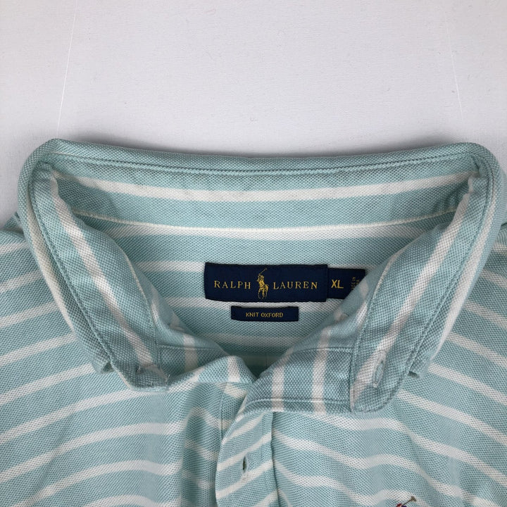 Ralph Lauren Knit Oxford Short-Sleeve Striped Button-Down Polo Shirt, Men's Size XL (approx.) cotton turquoise blue Vintage Second Hand