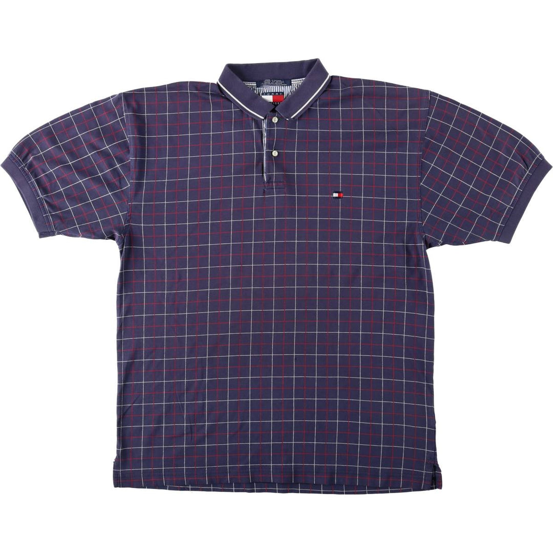1990'S Tommy Hilfiger Short-Sleeve Check Polo Shirt, Men's Size L (approx.), Vintage cotton navy blue type Vintage Second Hand