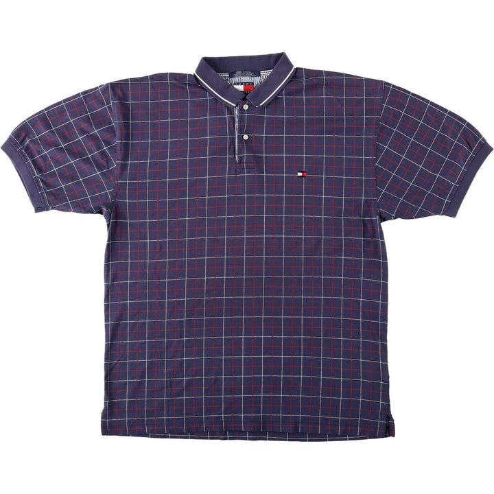 1990'S Tommy Hilfiger Short-Sleeve Check Polo Shirt, Men's Size L (approx.), Vintage cotton navy blue type Vintage Second Hand