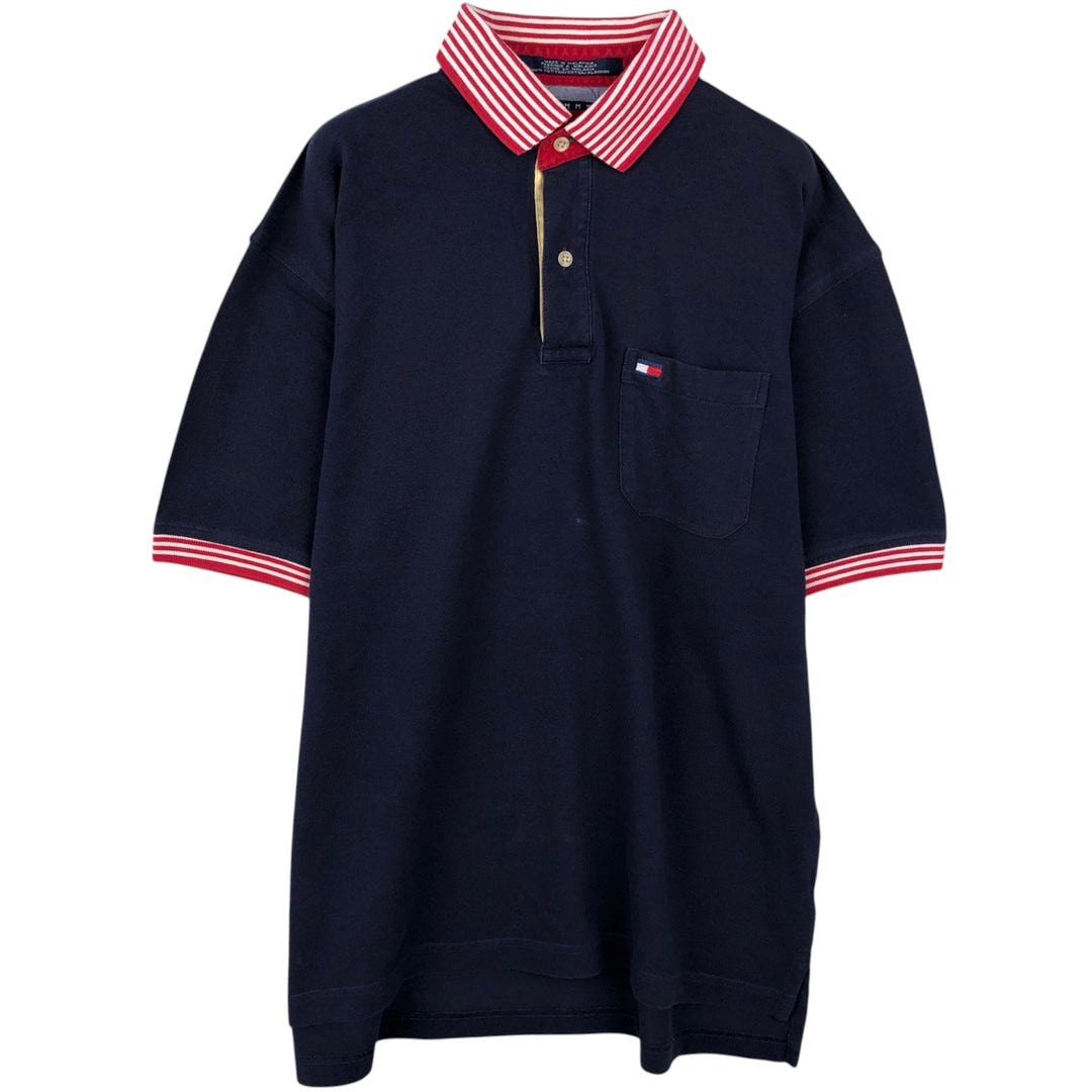 1990'S Tommy Hilfiger short-sleeved polo shirt, men's size M equivalent, vintage. cotton navy blue type Vintage Second Hand