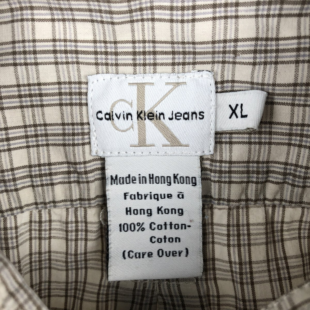 90s-00'S Calvin Klein Jeans Short-Sleeve Cotton Check Shirt, Boxy Shirt, Men's Size XL (Equivalent), Vintage cotton pale white type Vintage Second Hand