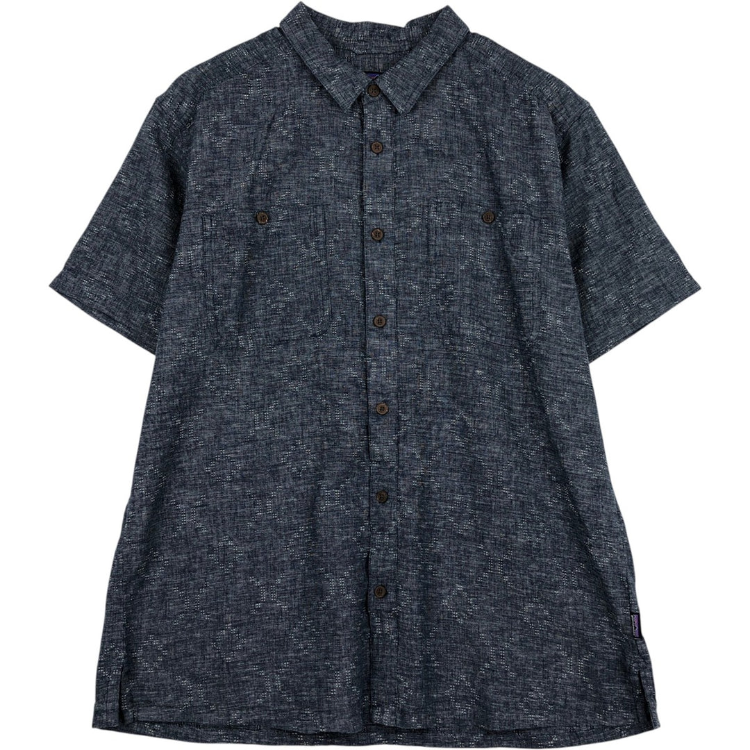 Patagonia 53139SP21 All-over print short-sleeved cotton x hemp box shirt, men's size L equivalent. Hemp navy blue type Vintage Second Hand