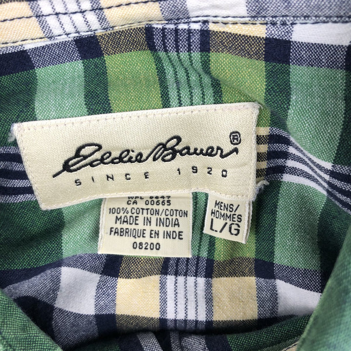 1990'S Eddie Bauer Short-Sleeve Button-Down Check Shirt, Men's Size L (approx.), Vintage cotton green type Vintage Second Hand