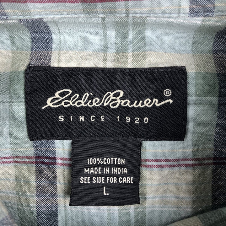 2000'S Eddie Bauer Short-Sleeve Button-Down Check Shirt, Men's Size L (approx.) cotton Blue type light blue Vintage Second Hand