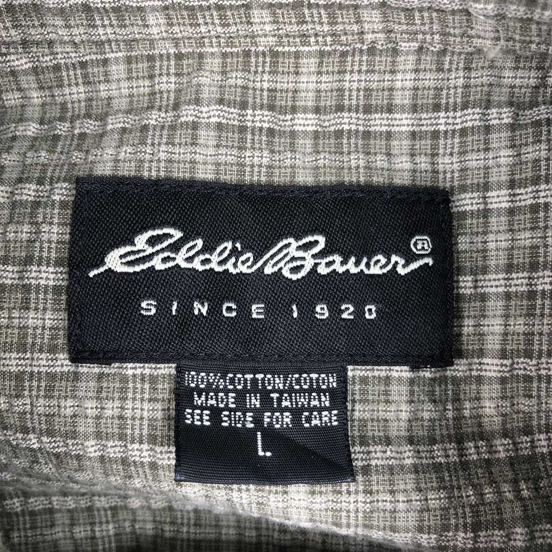 90s-00'S Eddie Bauer seersucker short-sleeved button-down check shirt, men's size L (approx.) cotton Khaki type sage green Vintage Second Hand
