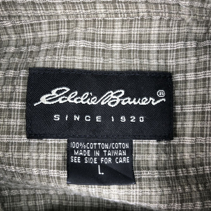 90s-00'S Eddie Bauer seersucker short-sleeved button-down check shirt, men's size L (approx.) cotton Khaki type sage green Vintage Second Hand
