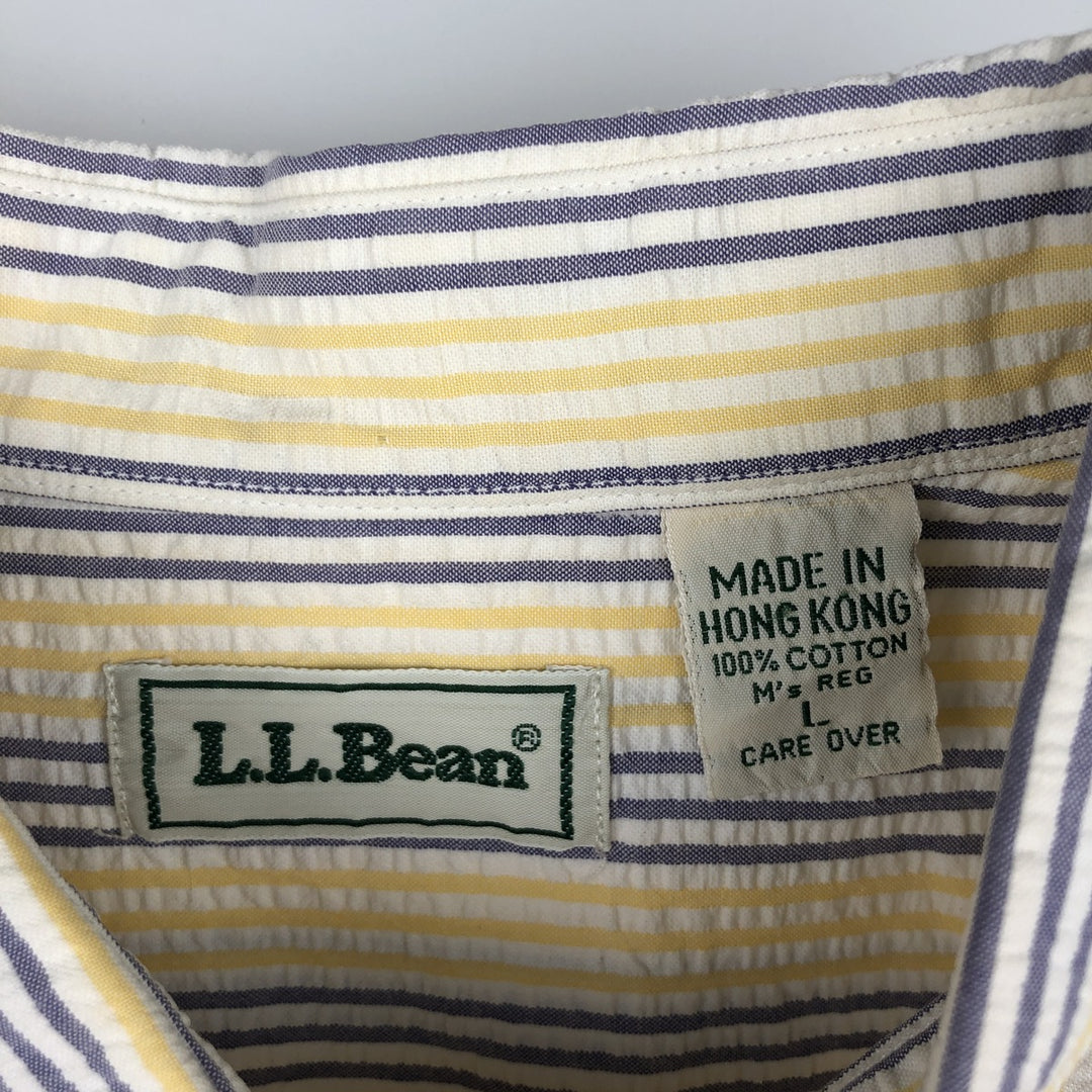 Vintage 1990'S L.L.Bean seersucker short-sleeved button-down striped shirt, men's size L (approx.). cotton yellow type Vintage Second Hand