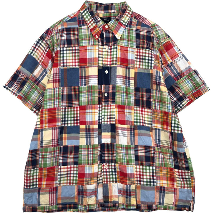 Brooks Brothers 346 Patchwork Short-Sleeve Button-Down Check Shirt, Boxy Shirt, Men's Size XL (approx.) cotton navy blue type Vintage Second Hand