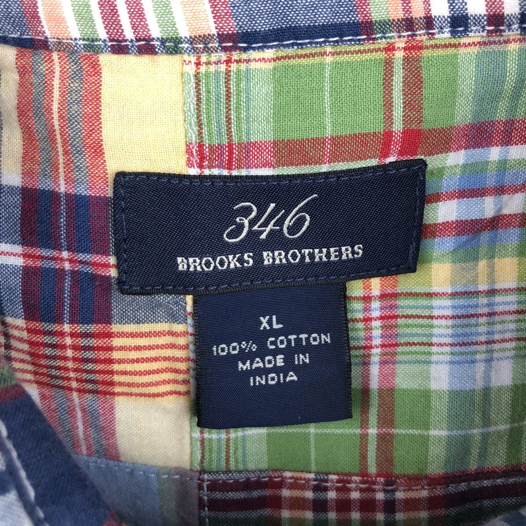 Brooks Brothers 346 Patchwork Short-Sleeve Button-Down Check Shirt, Boxy Shirt, Men's Size XL (approx.) cotton navy blue type Vintage Second Hand