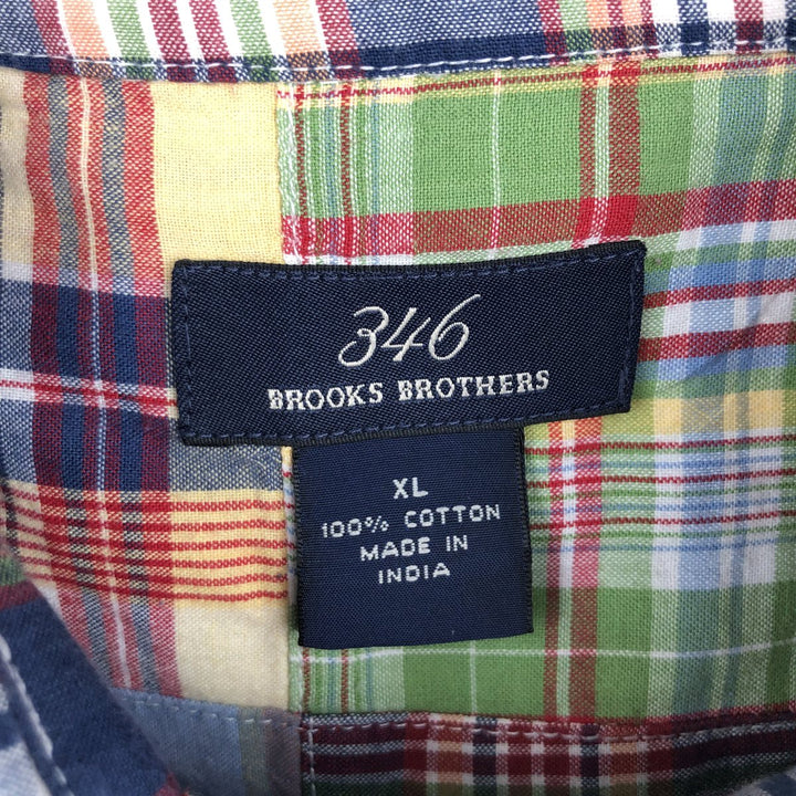 Brooks Brothers 346 Patchwork Short-Sleeve Button-Down Check Shirt, Boxy Shirt, Men's Size XL (approx.) cotton navy blue type Vintage Second Hand