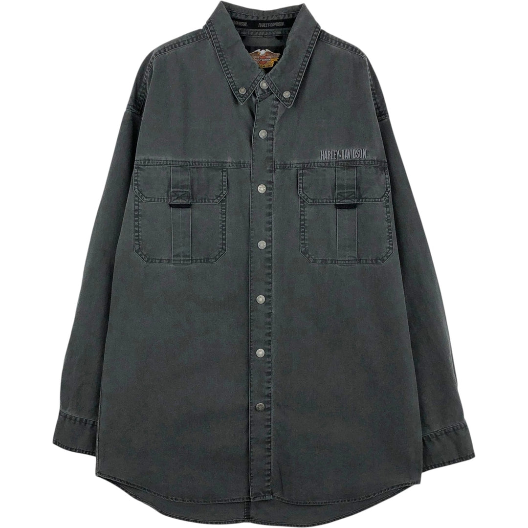 Harley-Davidson Skull Pattern Long-Sleeve Button-Down Work Shirt, Men's Size XL (approx.) cotton black type Vintage Second Hand