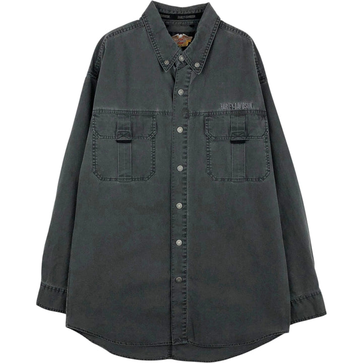 Harley-Davidson Skull Pattern Long-Sleeve Button-Down Work Shirt, Men's Size XL (approx.) cotton black type Vintage Second Hand