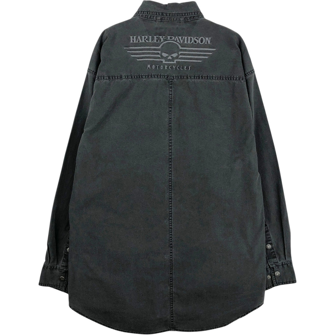 Harley-Davidson Skull Pattern Long-Sleeve Button-Down Work Shirt, Men's Size XL (approx.) cotton black type Vintage Second Hand
