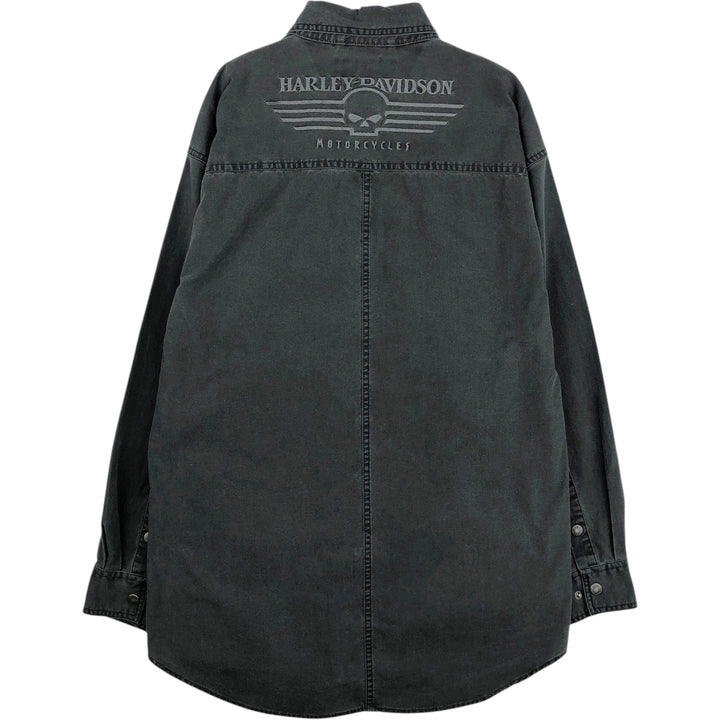 Harley-Davidson Skull Pattern Long-Sleeve Button-Down Work Shirt, Men's Size XL (approx.) cotton black type Vintage Second Hand