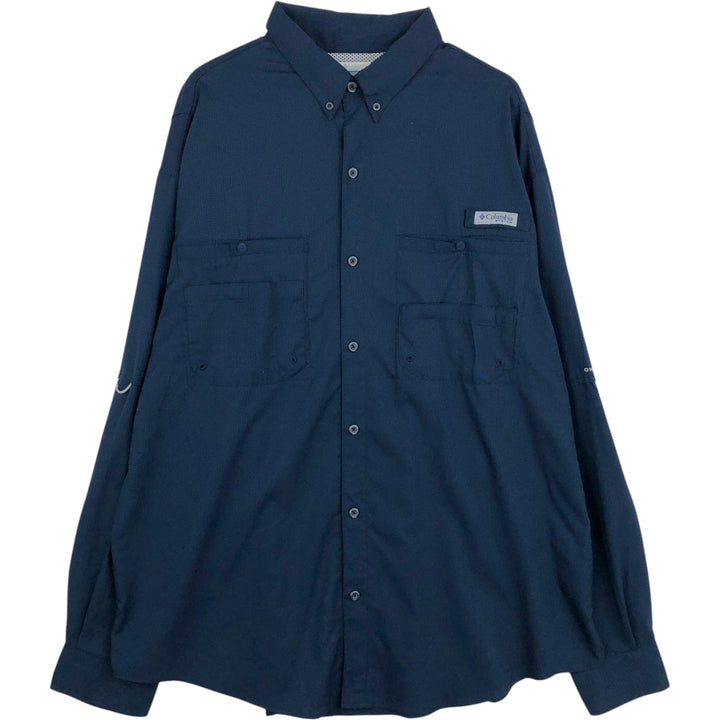 Columbia PFG OMNI-SHADE Button-Down Long-Sleeve Fishing Shirt, Men's Size XL (approx.) polyester navy blue type Vintage Second Hand