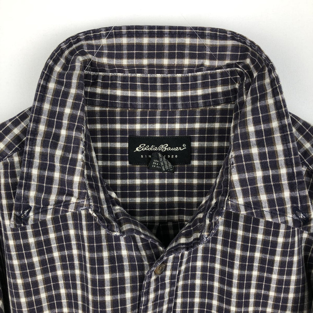 Eddie Bauer Long Sleeve Button-Down Check Shirt, Men's Size L cotton navy blue type Vintage Second Hand