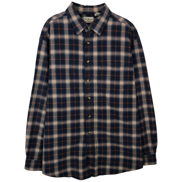 ~2000'S LLBean Long-Sleeve Cotton Check Shirt, Men's Size L (approx.) cotton navy blue type Vintage Second Hand