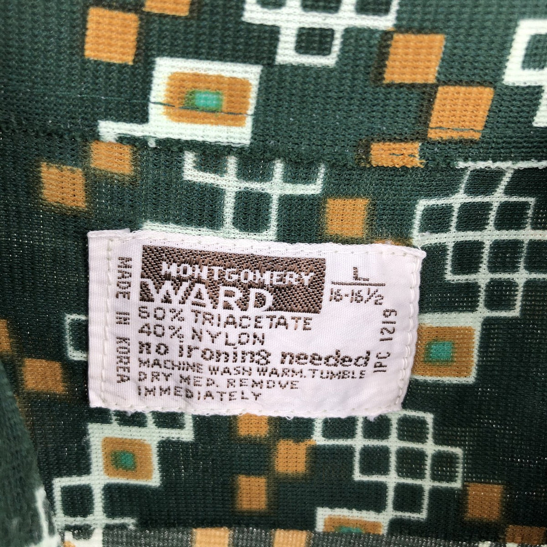 MONTGOMERY WARD all-over print long-sleeved shirt, men's size L equivalent. Triacetate green type Vintage Second Hand