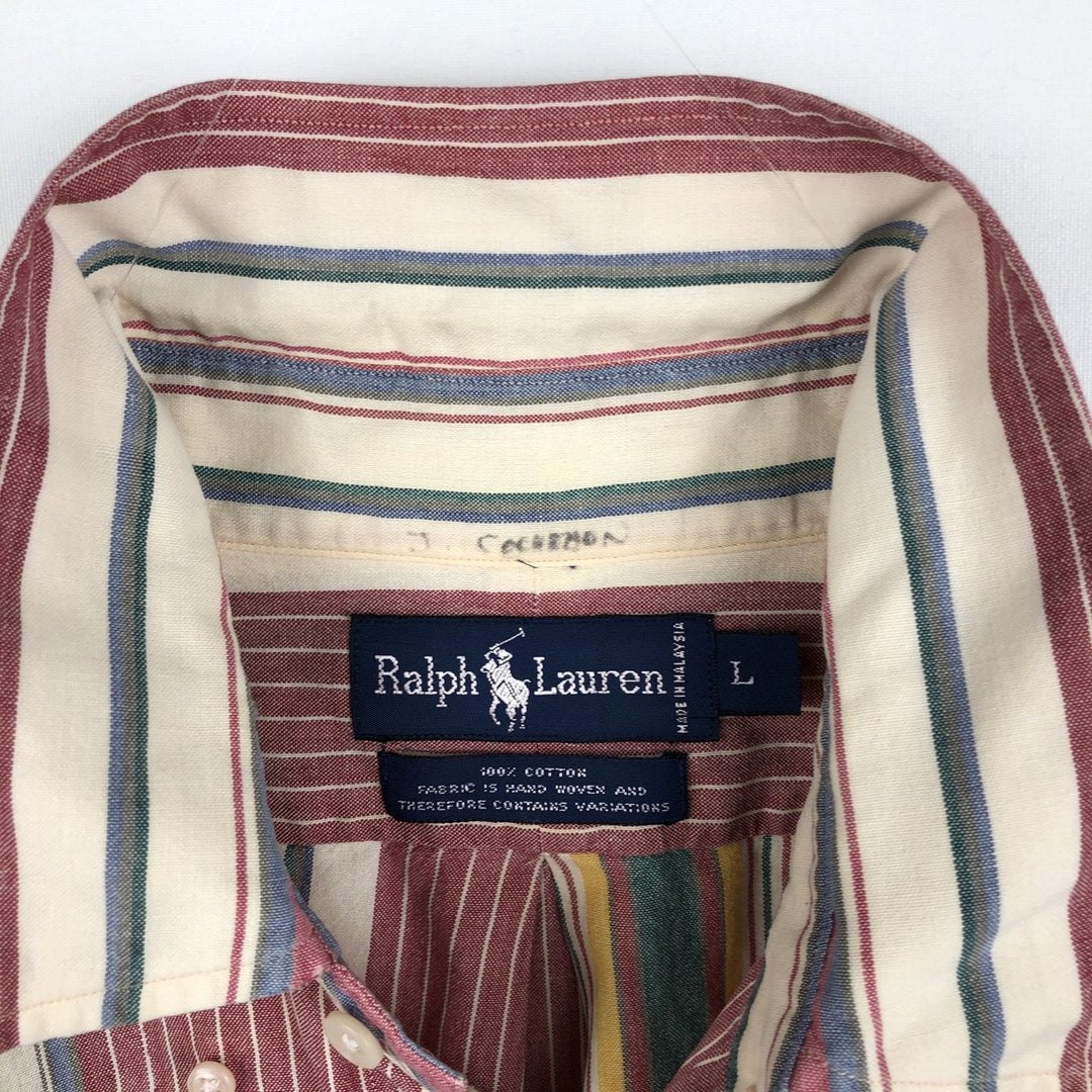 Ralph Lauren Multi-Stripe Short Sleeve Button-Down Striped Shirt, Men's Size L cotton red type Vintage Second Hand