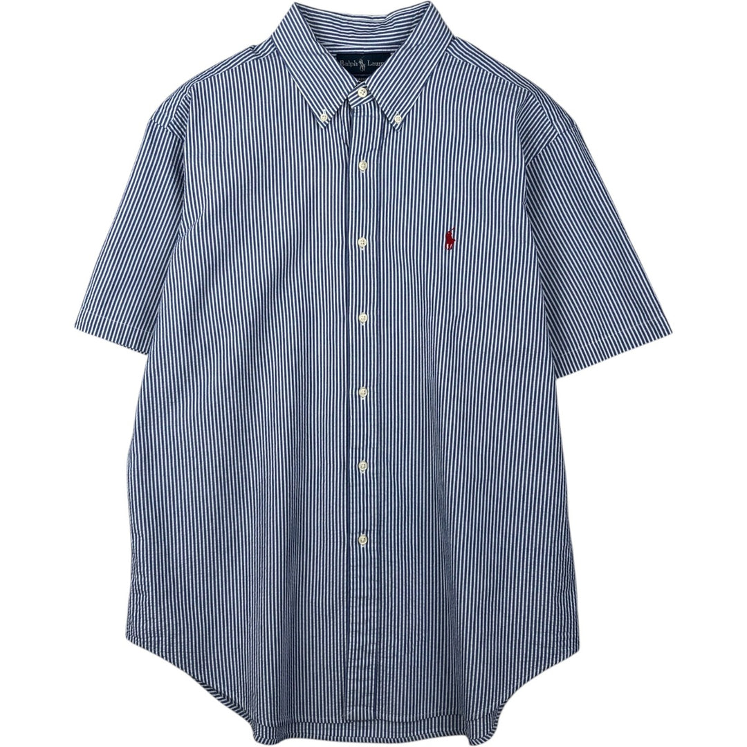 Ralph Lauren CLASSIC FIT Seersucker Short-Sleeve Button-Down Striped Shirt, Men's Size XL (approx.) cotton blue type Vintage Second Hand