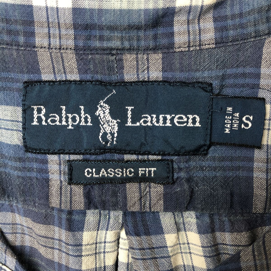 Ralph Lauren CLASSIC FIT short-sleeved button-down check shirt, men's size S (approx.) cotton navy blue type Vintage Second Hand