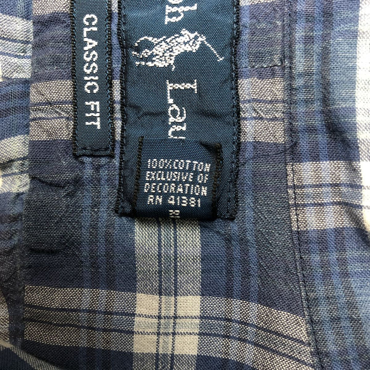 Ralph Lauren CLASSIC FIT short-sleeved button-down check shirt, men's size S (approx.) cotton navy blue type Vintage Second Hand