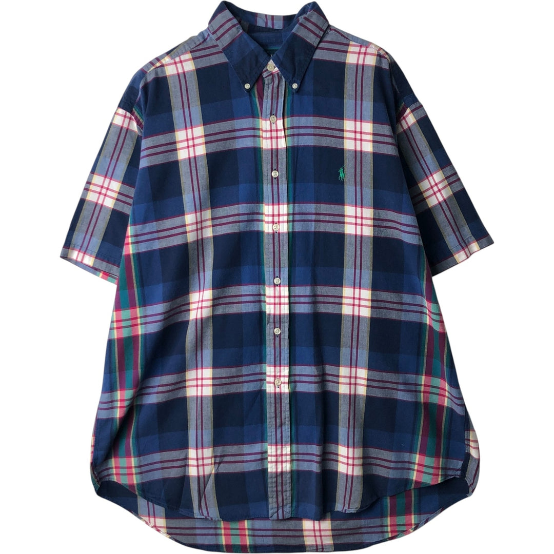 2000'S Ralph Lauren BLAKE Short-Sleeve Button-Down Check Shirt, Men's Size XL (approx.) cotton navy blue type Vintage Second Hand