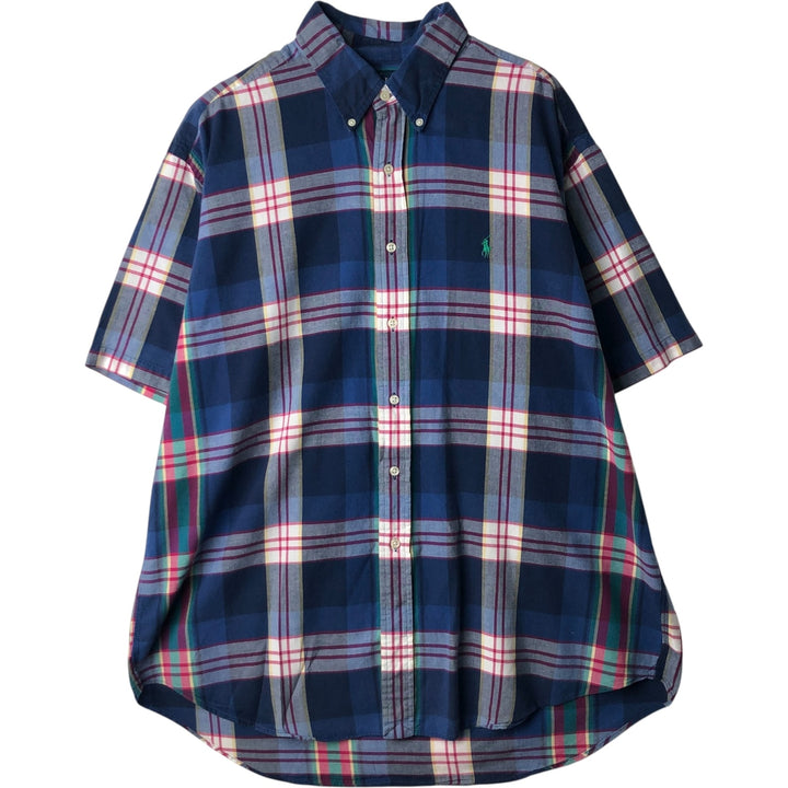 2000'S Ralph Lauren BLAKE Short-Sleeve Button-Down Check Shirt, Men's Size XL (approx.) cotton navy blue type Vintage Second Hand