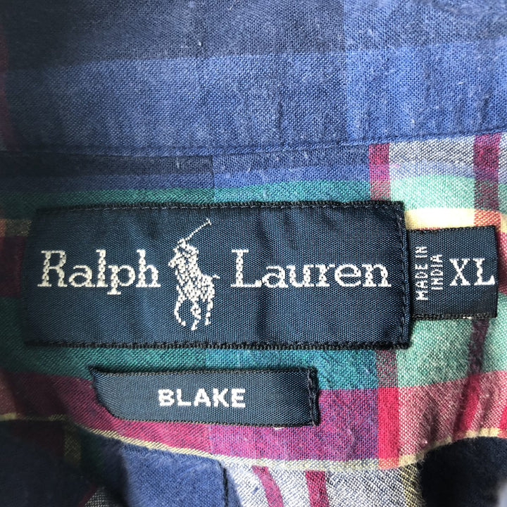 2000'S Ralph Lauren BLAKE Short-Sleeve Button-Down Check Shirt, Men's Size XL (approx.) cotton navy blue type Vintage Second Hand